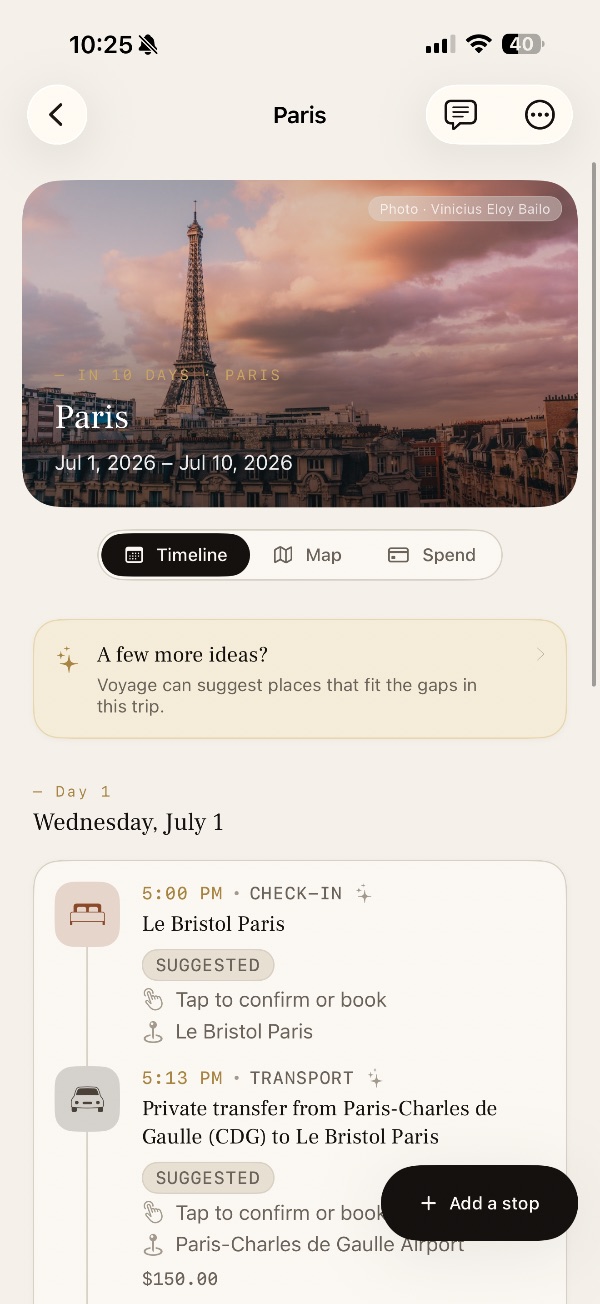A Paris itinerary in Voyage — timeline with suggested stops