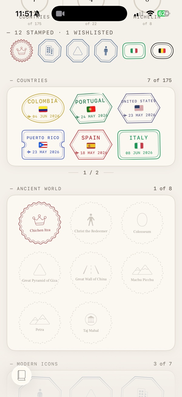The Voyage passport — countries stamped by date, wonders and Michelin tables, kept private